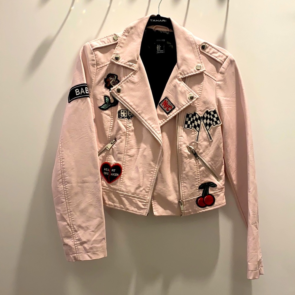 Pink Patch Leather Biker Jacket - image 1